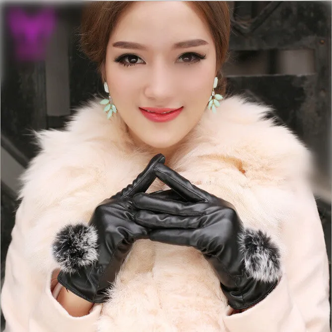 1 Pair Beautiful Rabbit Fur Ball PU Leather Gloves For Winter Gloves Brand Mitten Luvas Women Gloves Female Gloves