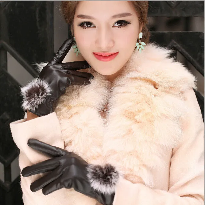 1 Pair Beautiful Rabbit Fur Ball PU Leather Gloves For Winter Gloves Brand Mitten Luvas Women Gloves Female Gloves