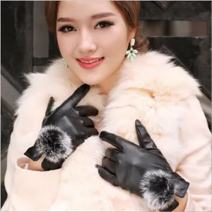 1 Pair Beautiful Rabbit Fur Ball PU Leather Gloves For Winter Gloves Brand Mitten Luvas Women Gloves Female Gloves