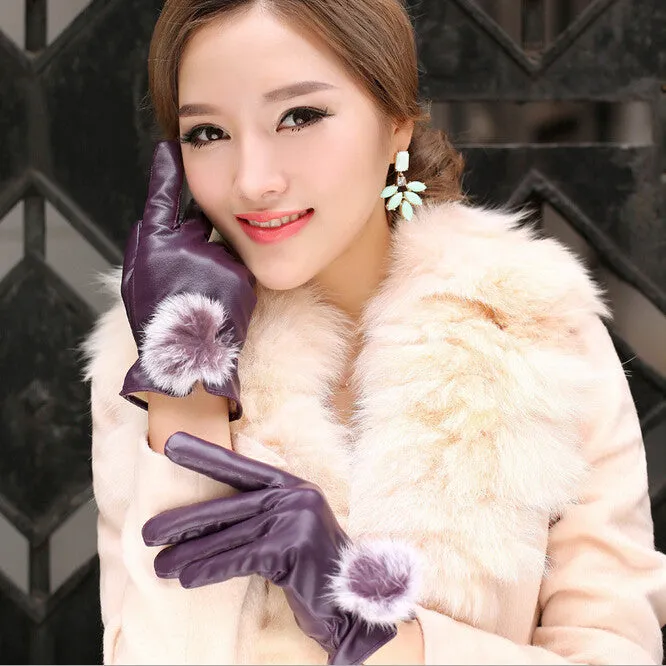 1 Pair Beautiful Rabbit Fur Ball PU Leather Gloves For Winter Gloves Brand Mitten Luvas Women Gloves Female Gloves