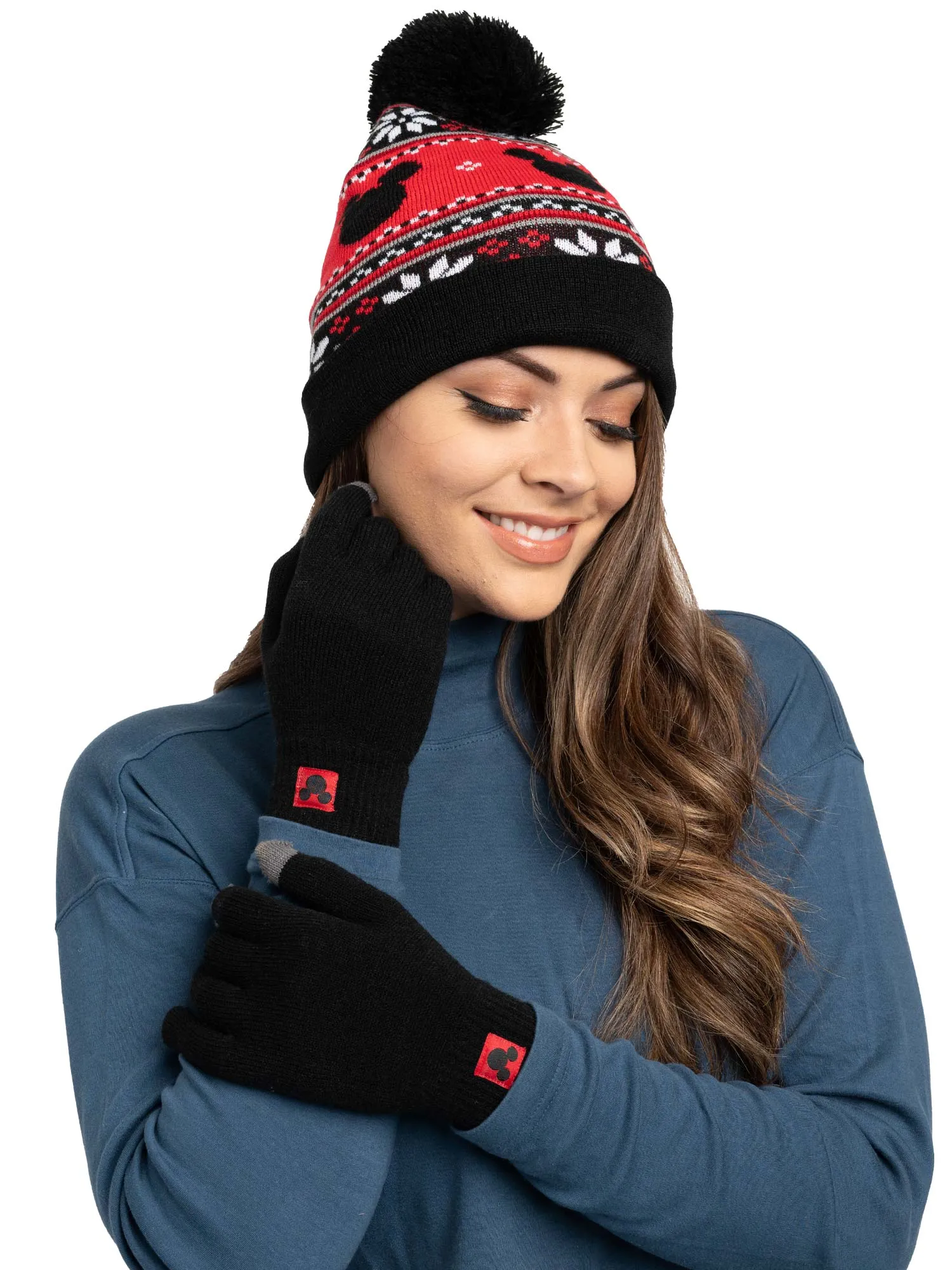 Adult Disney Mickey Mouse Knit Beanie Hat & Touch Screen Gloves Unisex Black Set