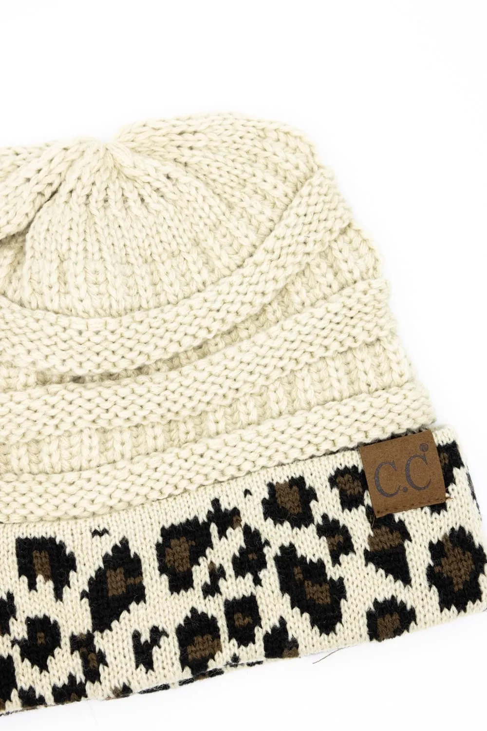C.C. Leopard Print Cuff Beanie for Women in Beige | HAT-80-BEIGE