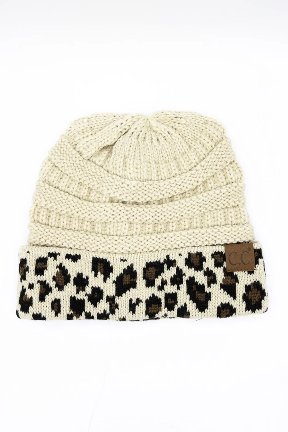 C.C. Leopard Print Cuff Beanie for Women in Beige | HAT-80-BEIGE