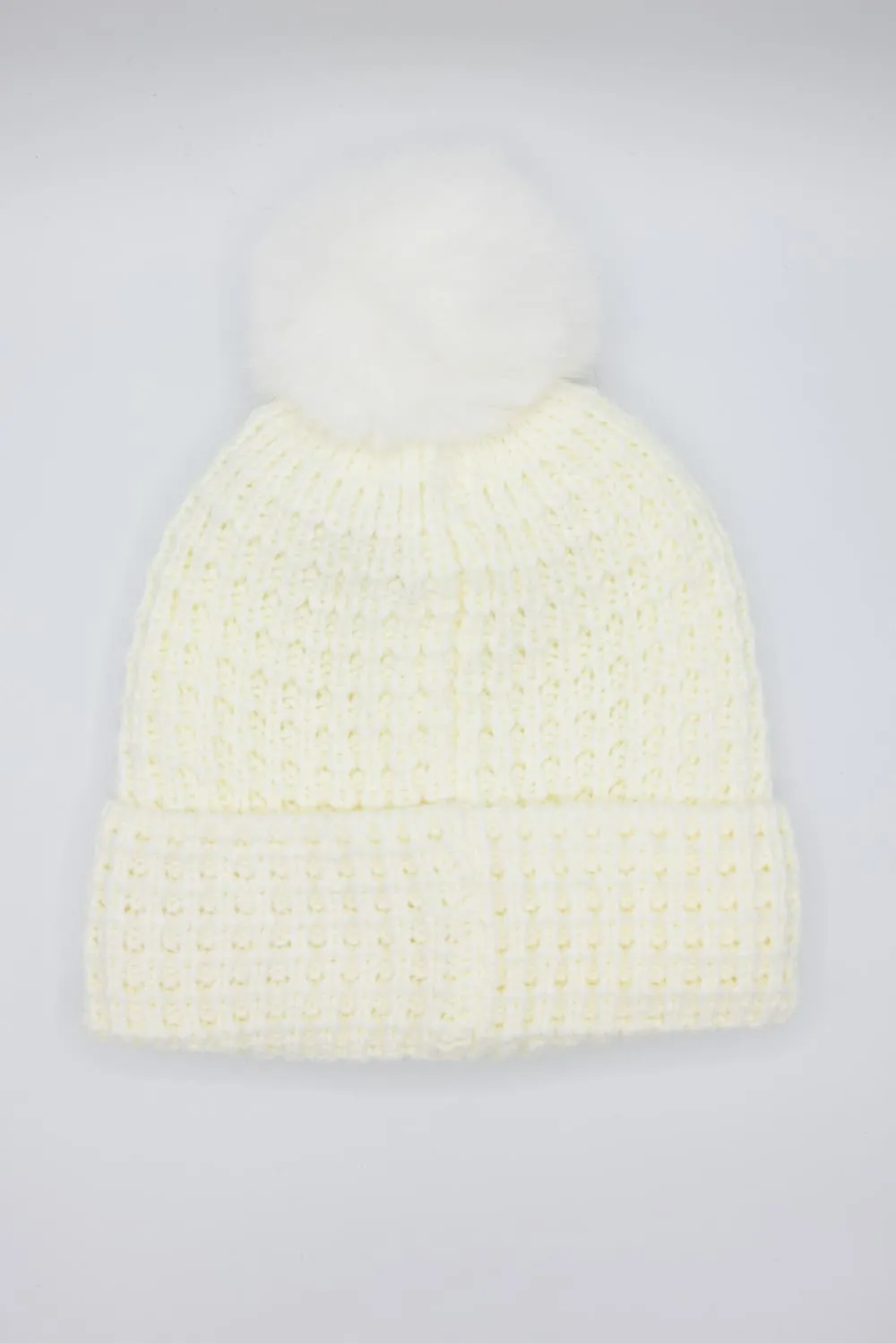C.C. Waffle Knit Beanie with a Fur Pom for Women in Ivory | HTE0032-IVORY