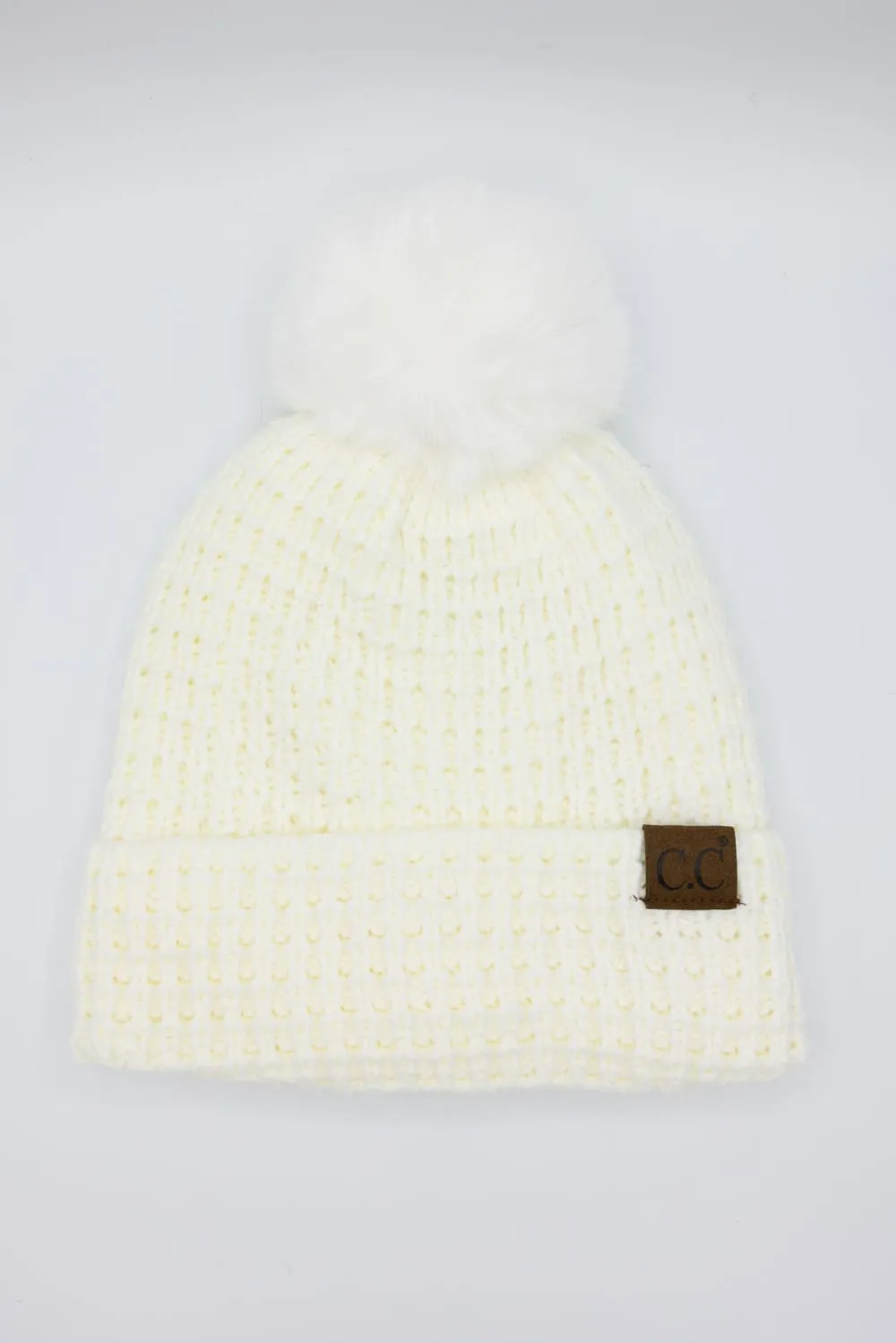C.C. Waffle Knit Beanie with a Fur Pom for Women in Ivory | HTE0032-IVORY