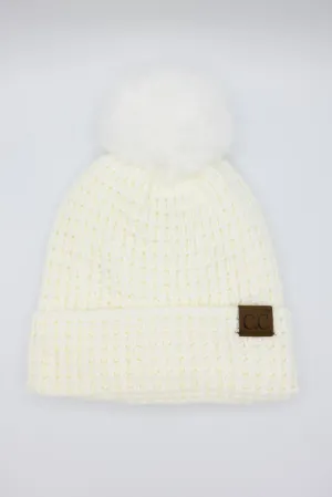 C.C. Waffle Knit Beanie with a Fur Pom for Women in Ivory | HTE0032-IVORY
