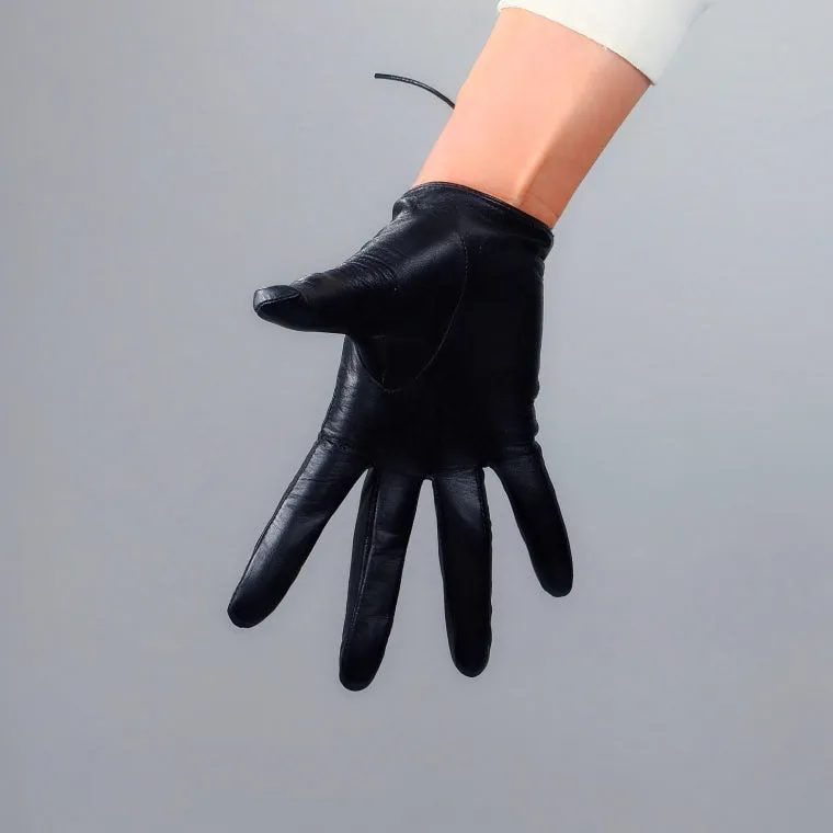 Chic Lace-Up Black Leather Short Biker Gloves (20 cm)