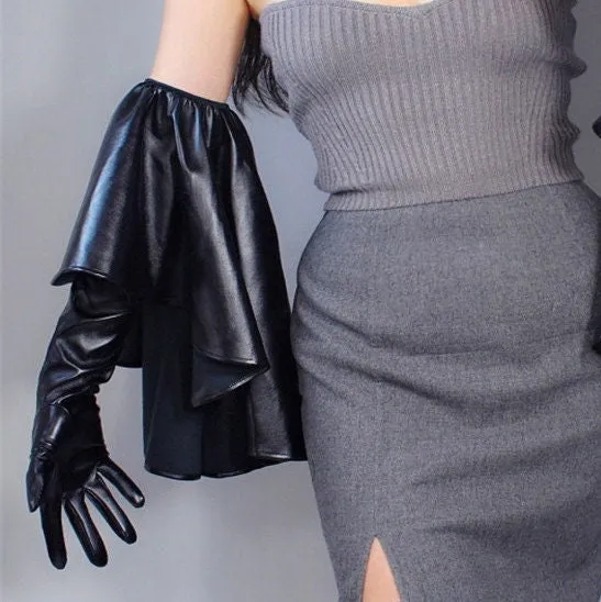 Chic Leather Gloves with Ruffles Sleeves in Black & White (60cm)