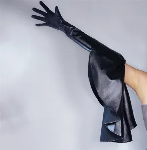 Chic Leather Gloves with Ruffles Sleeves in Black & White (60cm)