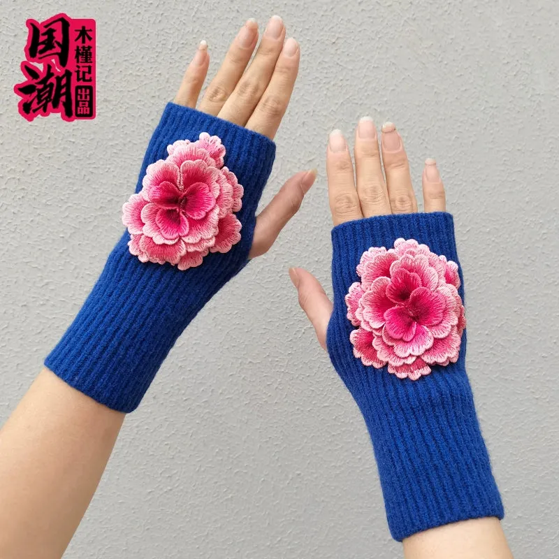 Chinese Style Embroidered Flower Half-Finger Woolen Gloves for Women, Autumn & Winter Warm Touchscreen Knit Gloves, Writing Sleeve Protectors