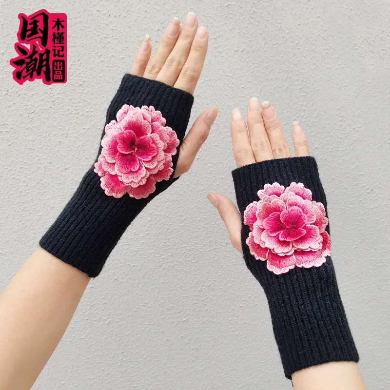 Chinese Style Embroidered Flower Half-Finger Woolen Gloves for Women, Autumn & Winter Warm Touchscreen Knit Gloves, Writing Sleeve Protectors