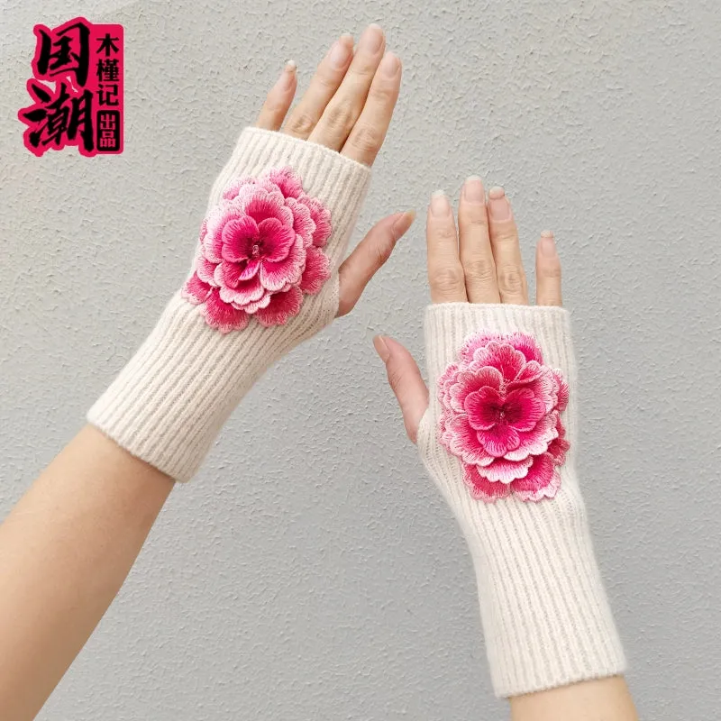 Chinese Style Embroidered Flower Half-Finger Woolen Gloves for Women, Autumn & Winter Warm Touchscreen Knit Gloves, Writing Sleeve Protectors