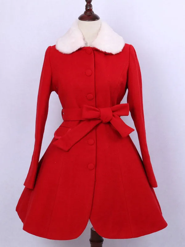 Classic Lolita Outfits Wool Long Sleeve Faux Fur Collar Ribbons Bows Red Dress Coat With Cape And Gloves