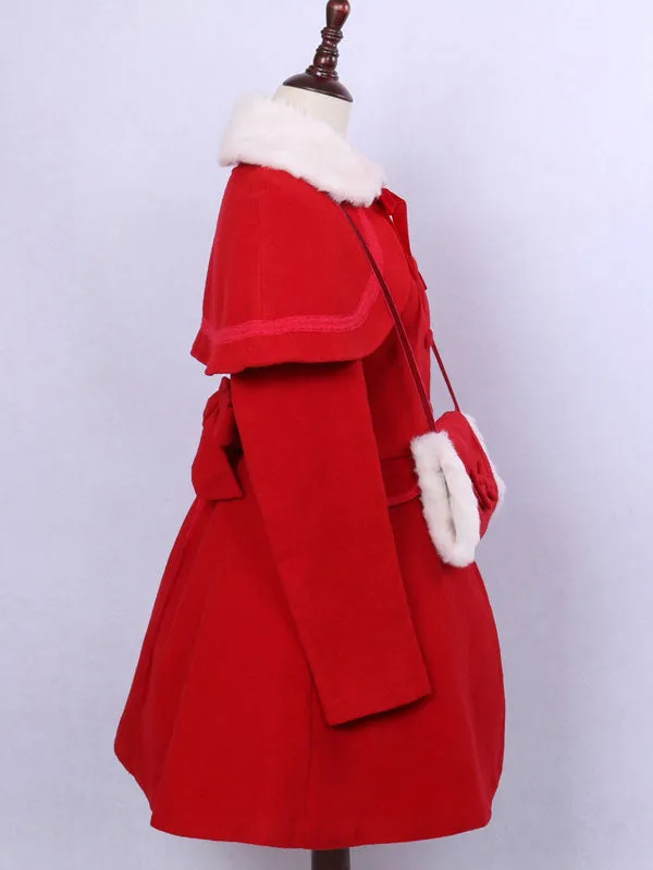 Classic Lolita Outfits Wool Long Sleeve Faux Fur Collar Ribbons Bows Red Dress Coat With Cape And Gloves