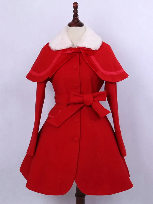 Classic Lolita Outfits Wool Long Sleeve Faux Fur Collar Ribbons Bows Red Dress Coat With Cape And Gloves