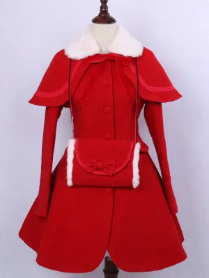 Classic Lolita Outfits Wool Long Sleeve Faux Fur Collar Ribbons Bows Red Dress Coat With Cape And Gloves
