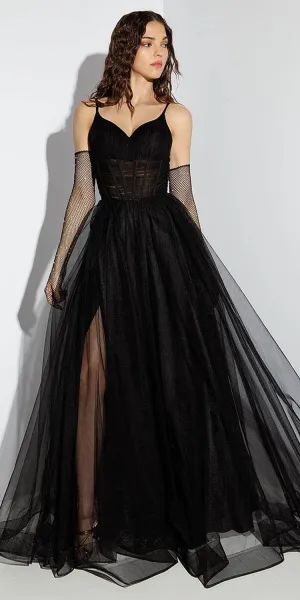 Eureka Fashion 9177 Long A-Line Mesh Ball Gown with Leg Slit