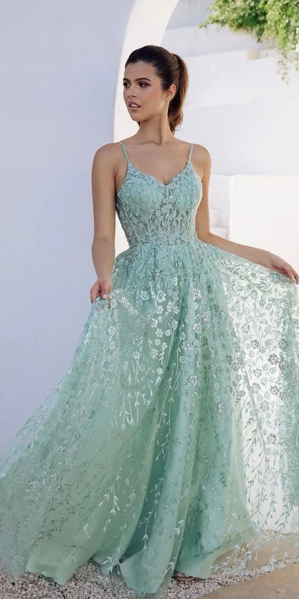 Eureka Fashion 9908 Long A-Line Glitter Tulle Prom Gown Floral Print