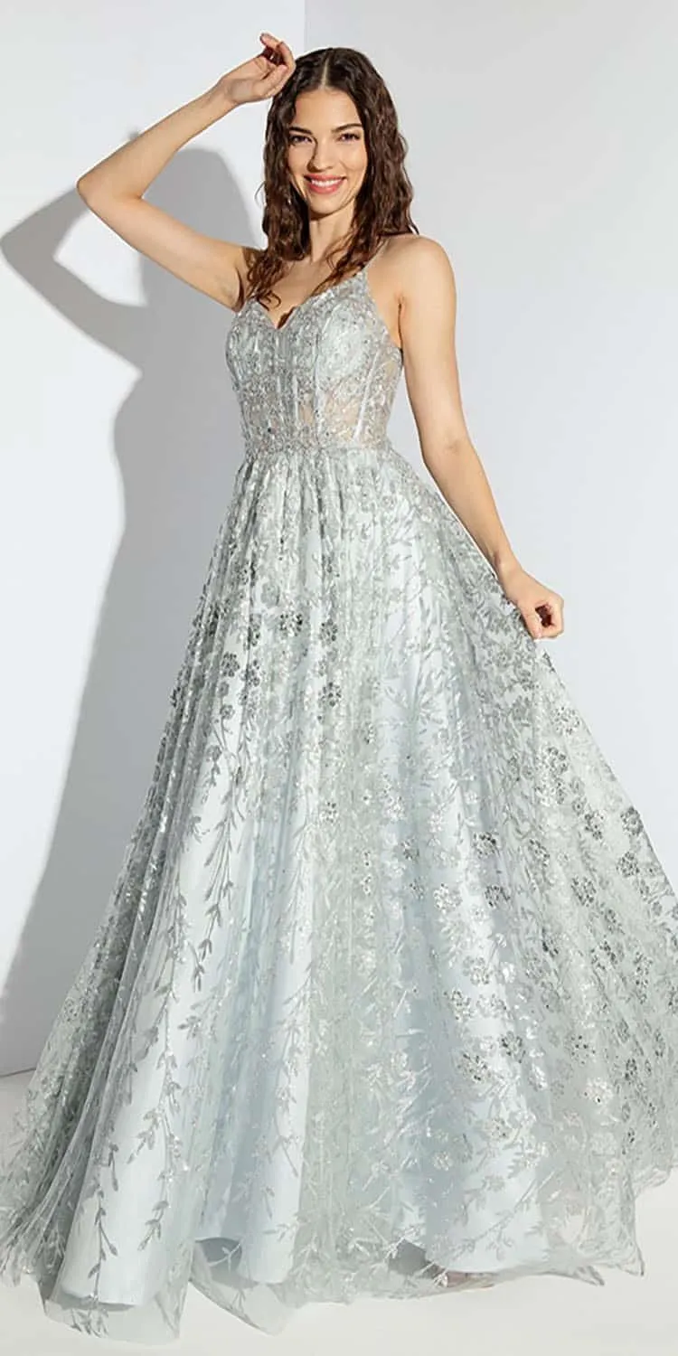 Eureka Fashion 9908 Long A-Line Glitter Tulle Prom Gown Floral Print