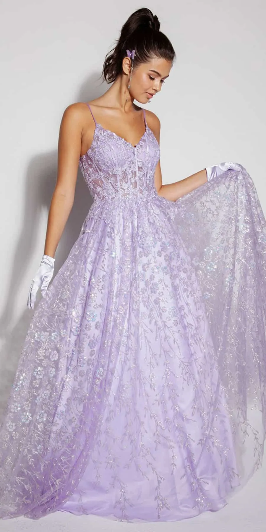 Eureka Fashion 9908 Long A-Line Glitter Tulle Prom Gown Floral Print