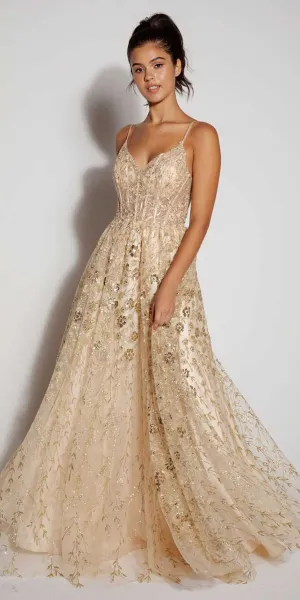 Eureka Fashion 9908 Long A-Line Glitter Tulle Prom Gown Floral Print