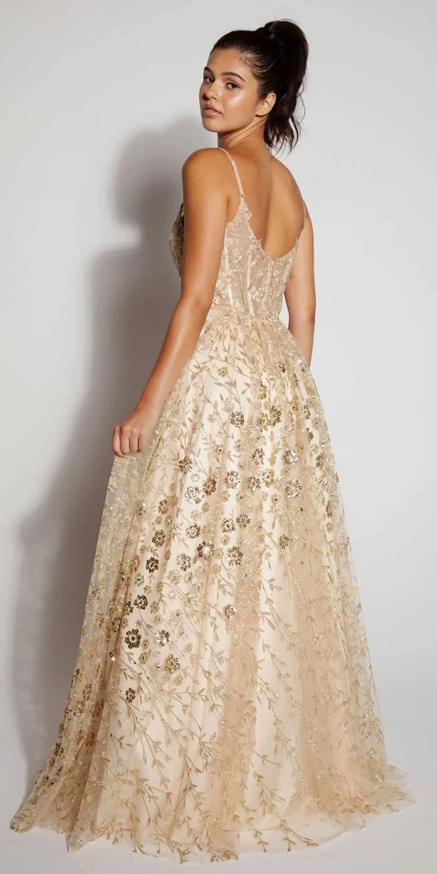 Eureka Fashion 9908 Long A-Line Glitter Tulle Prom Gown Floral Print