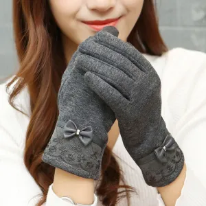 Fashion PU Leather Lace Bow Women Gloves Female Ladies Girls Touch Screen Mittens Sheep Wool Glove Mitten Guantes