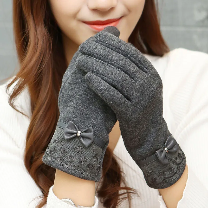 Fashion PU Leather Lace Bow Women Gloves Female Ladies Girls Touch Screen Mittens Sheep Wool Glove Mitten Guantes