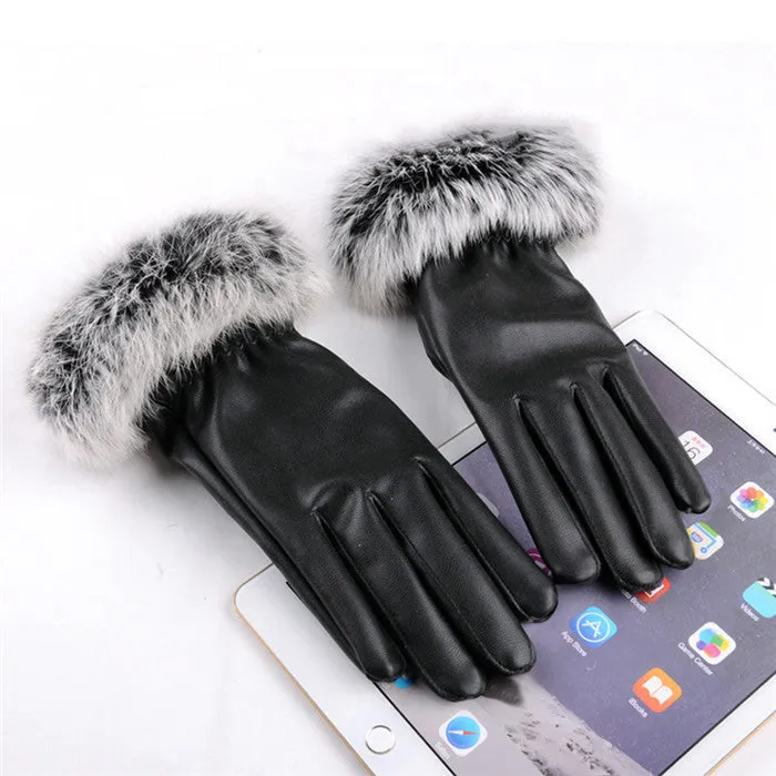 Fashion Women's Black Autumn Winter Warm Rabbit Fur Mittens test Casual Glove Leather Gloves For Women Drive #68703