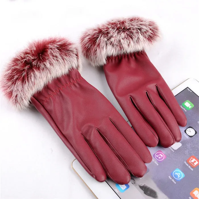 Fashion Women's Black Autumn Winter Warm Rabbit Fur Mittens test Casual Glove Leather Gloves For Women Drive #68703