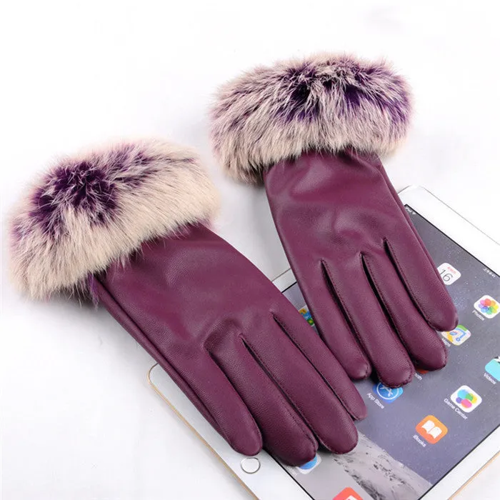 Fashion Women's Black Autumn Winter Warm Rabbit Fur Mittens test Casual Glove Leather Gloves For Women Drive #68703