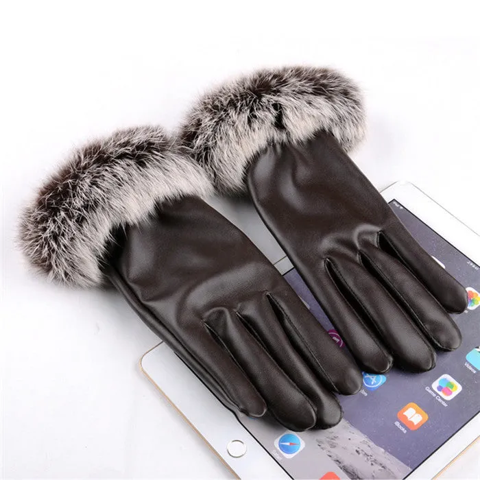 Fashion Women's Black Autumn Winter Warm Rabbit Fur Mittens test Casual Glove Leather Gloves For Women Drive #68703