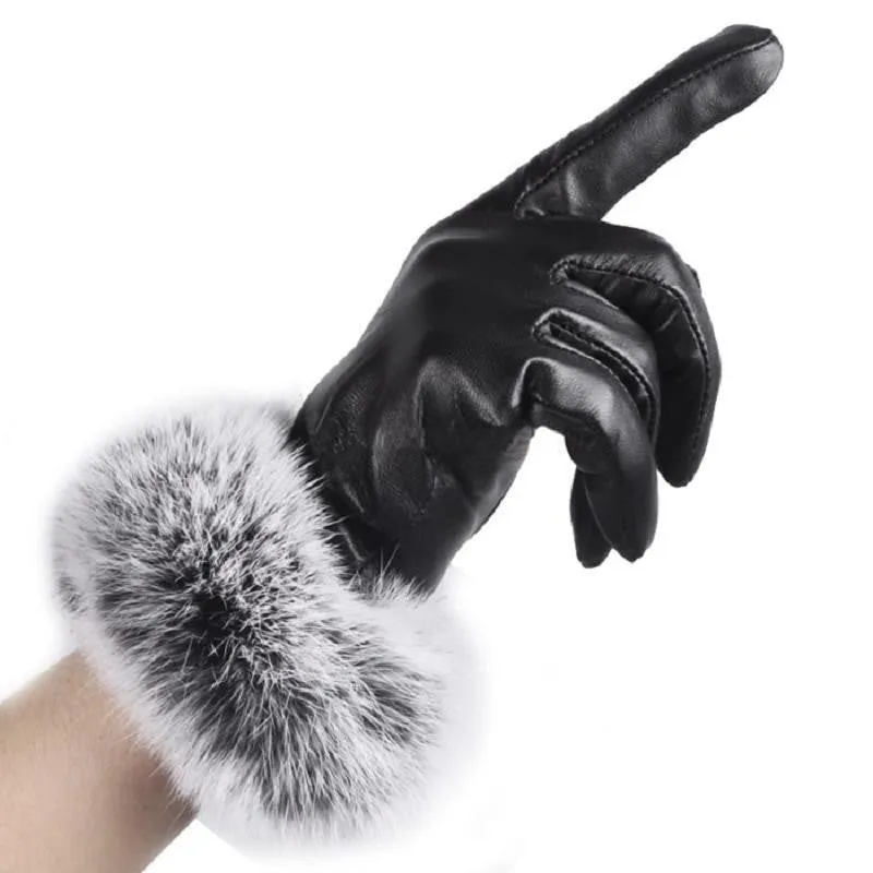 Fashion Women's Black Autumn Winter Warm Rabbit Fur Mittens test Casual Glove Leather Gloves For Women Drive #68703
