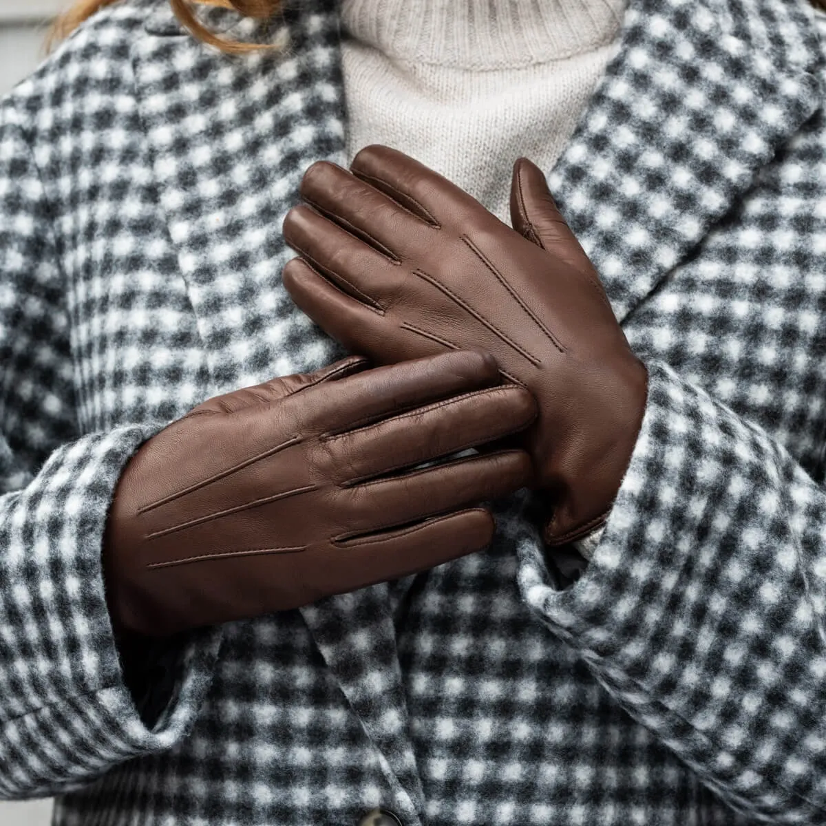 Francesca (brown) - Italian lambskin leather gloves with brown rabbit fur lining