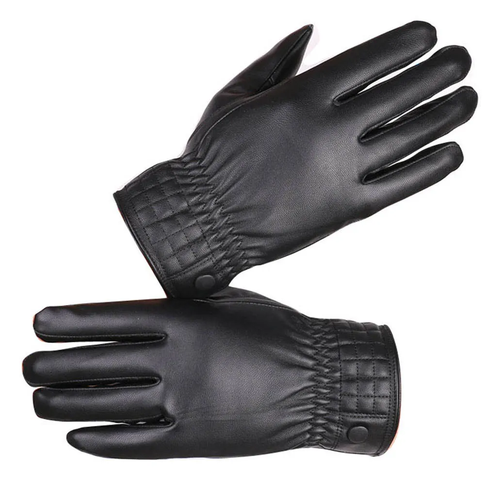 Full Hand Mens Black PU Leather Gloves for Winters -Touchscreen warm gloves - for Skiing or