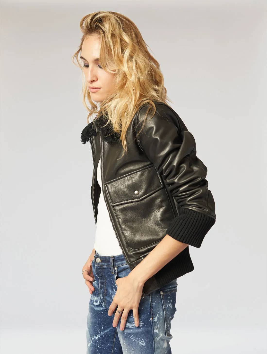 GLORIA AVIATOR LEATHER JACKET IN BLACK - Woman