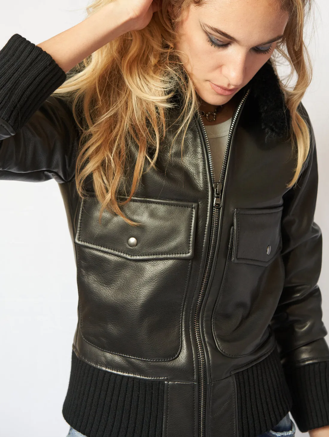 GLORIA AVIATOR LEATHER JACKET IN BLACK - Woman