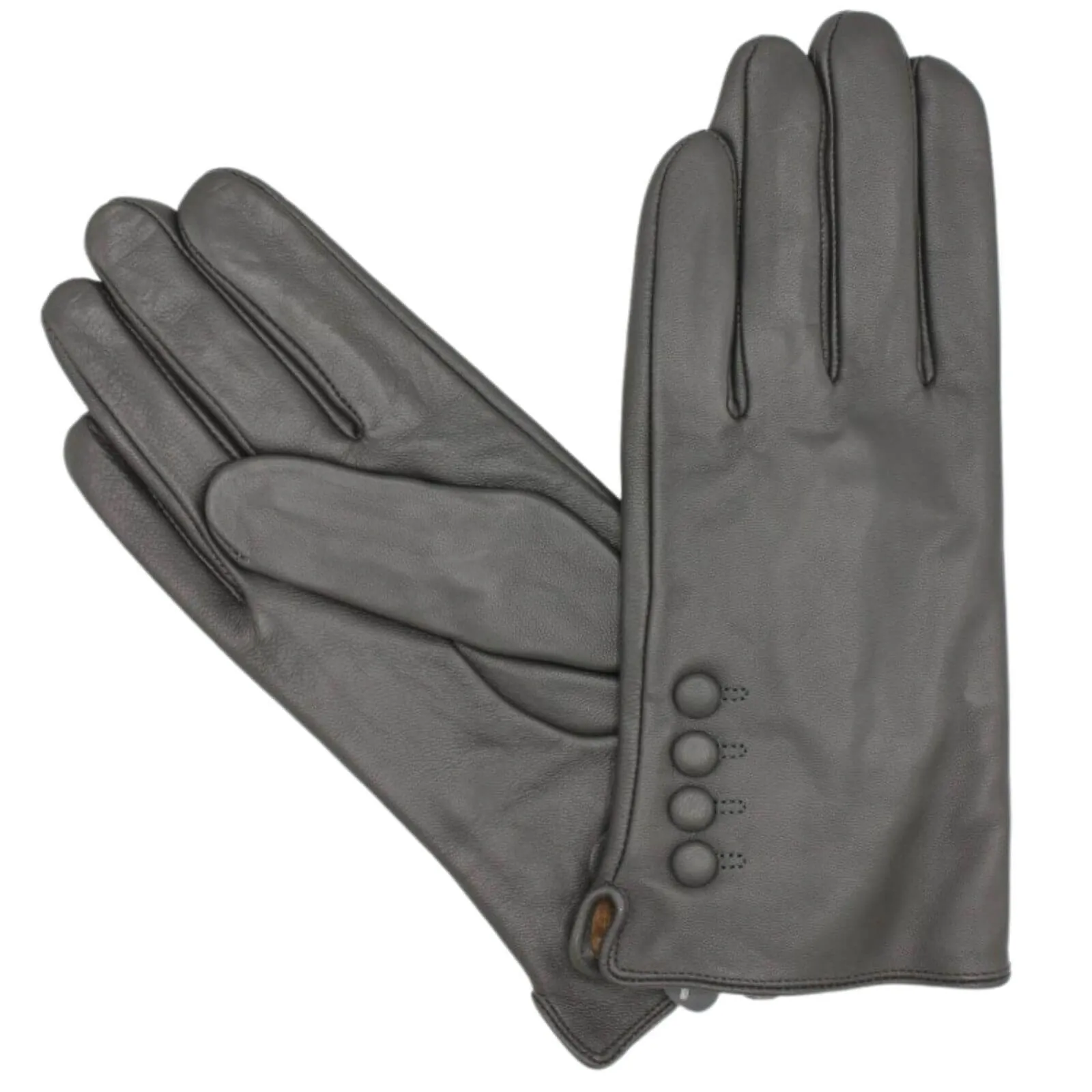 Ladies Leather Button Gloves - Charcoal