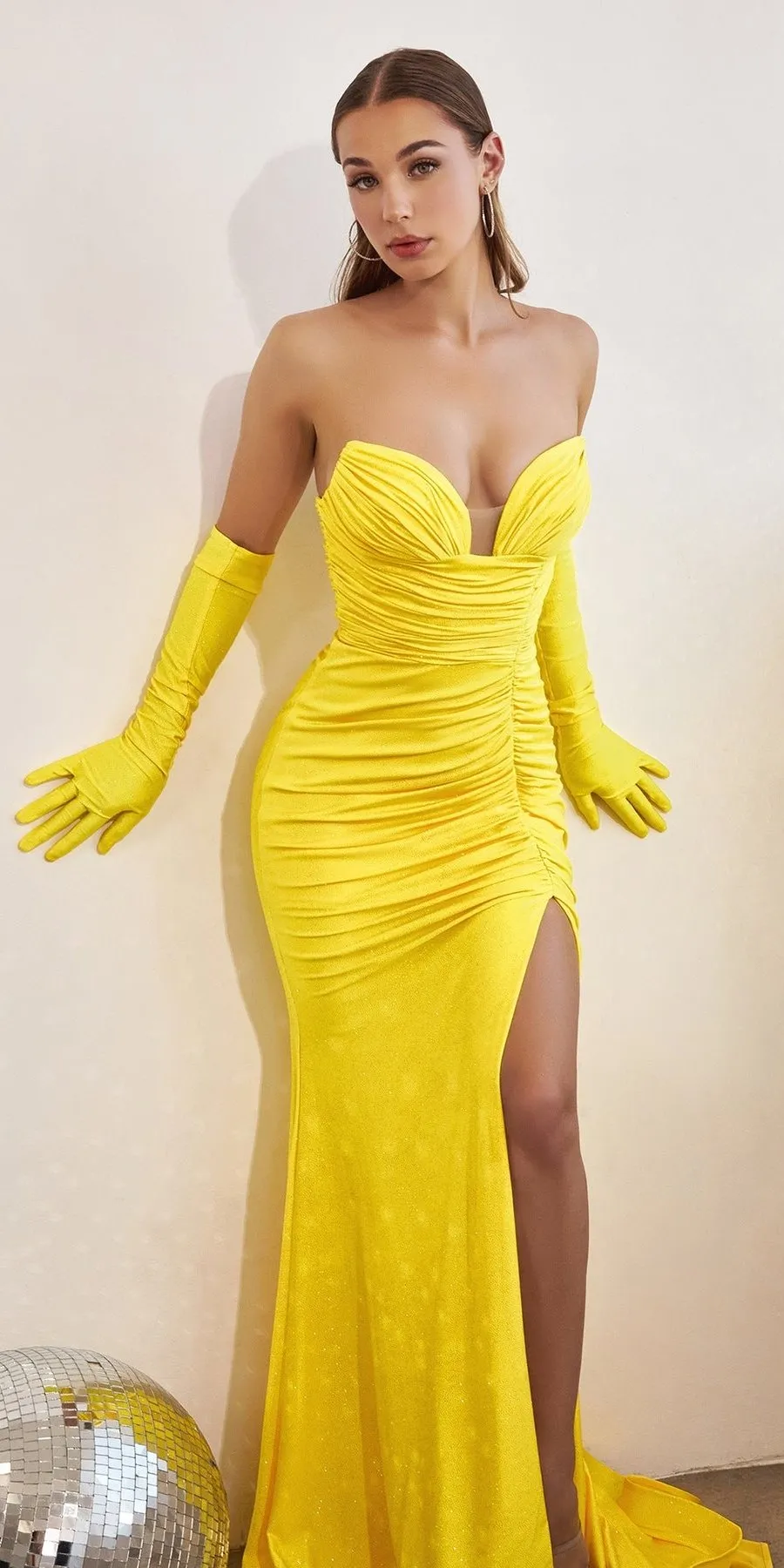 Ladivine CD889 Long Strapless Glitter Stretch Gown with Gloves