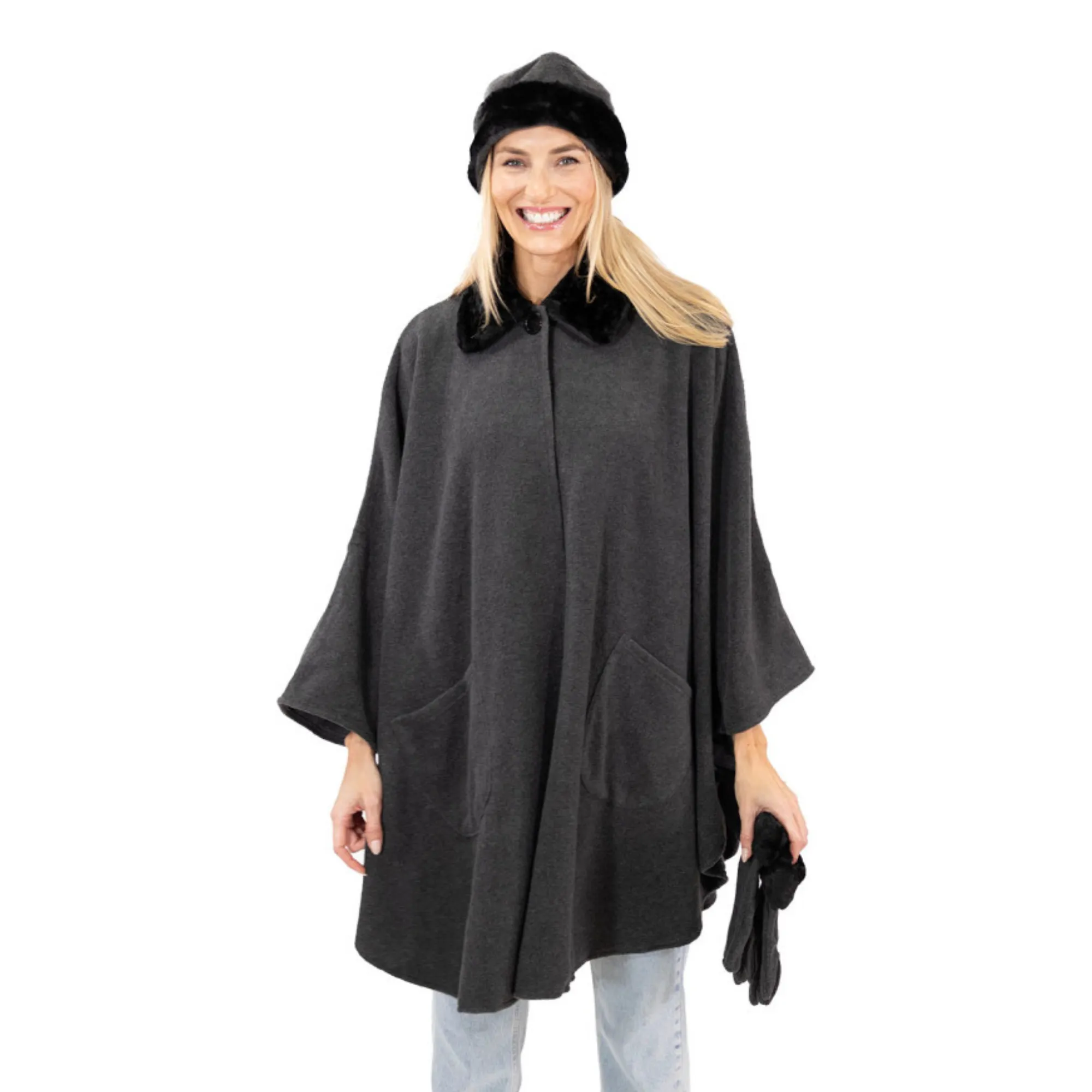 Marie Faux Fur Trim Cozy Coat Hat and Gloves Set