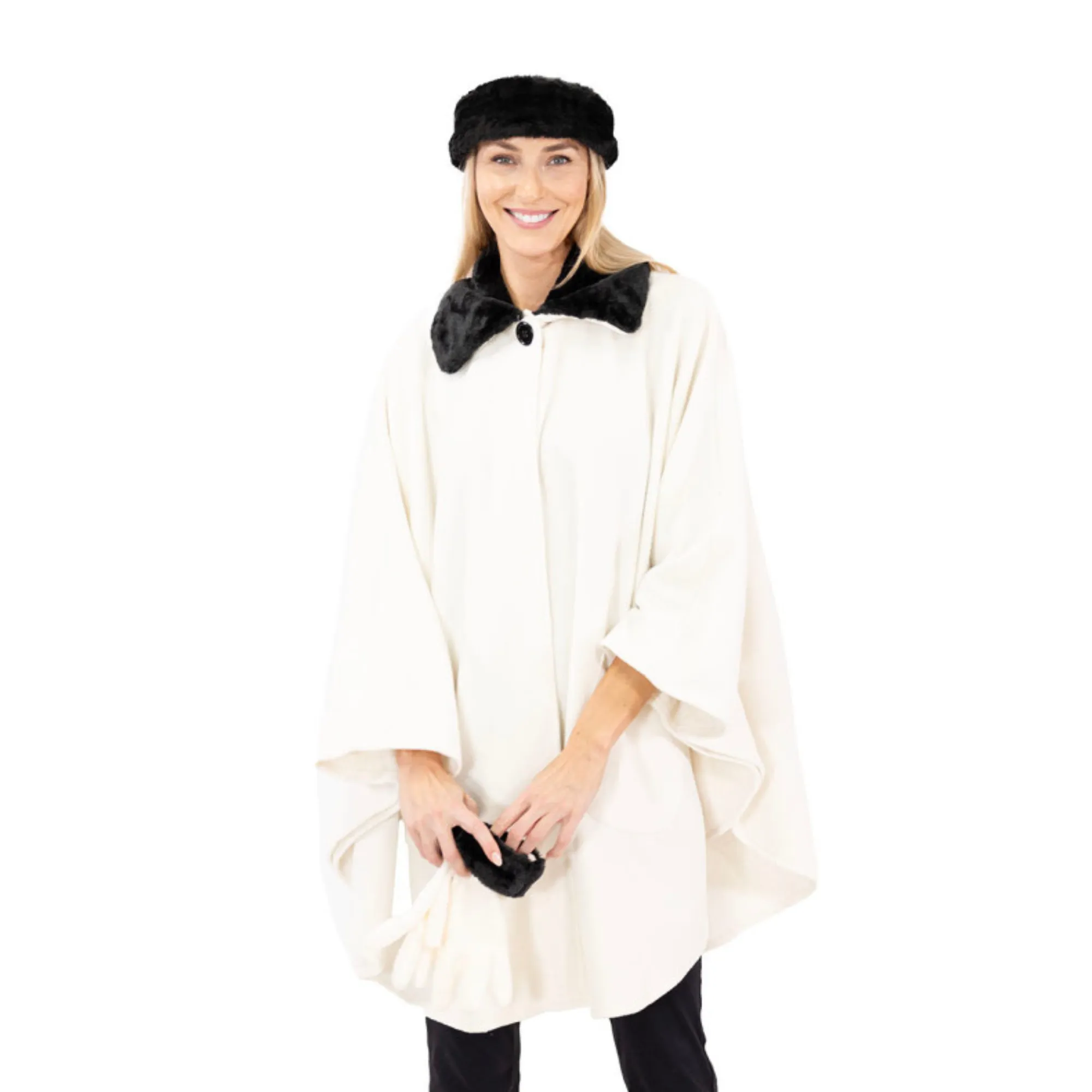 Marie Faux Fur Trim Cozy Coat Hat and Gloves Set