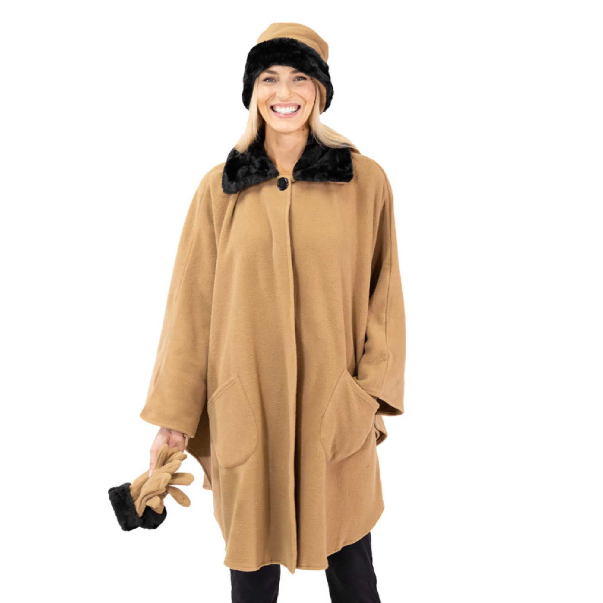 Marie Faux Fur Trim Cozy Coat Hat and Gloves Set