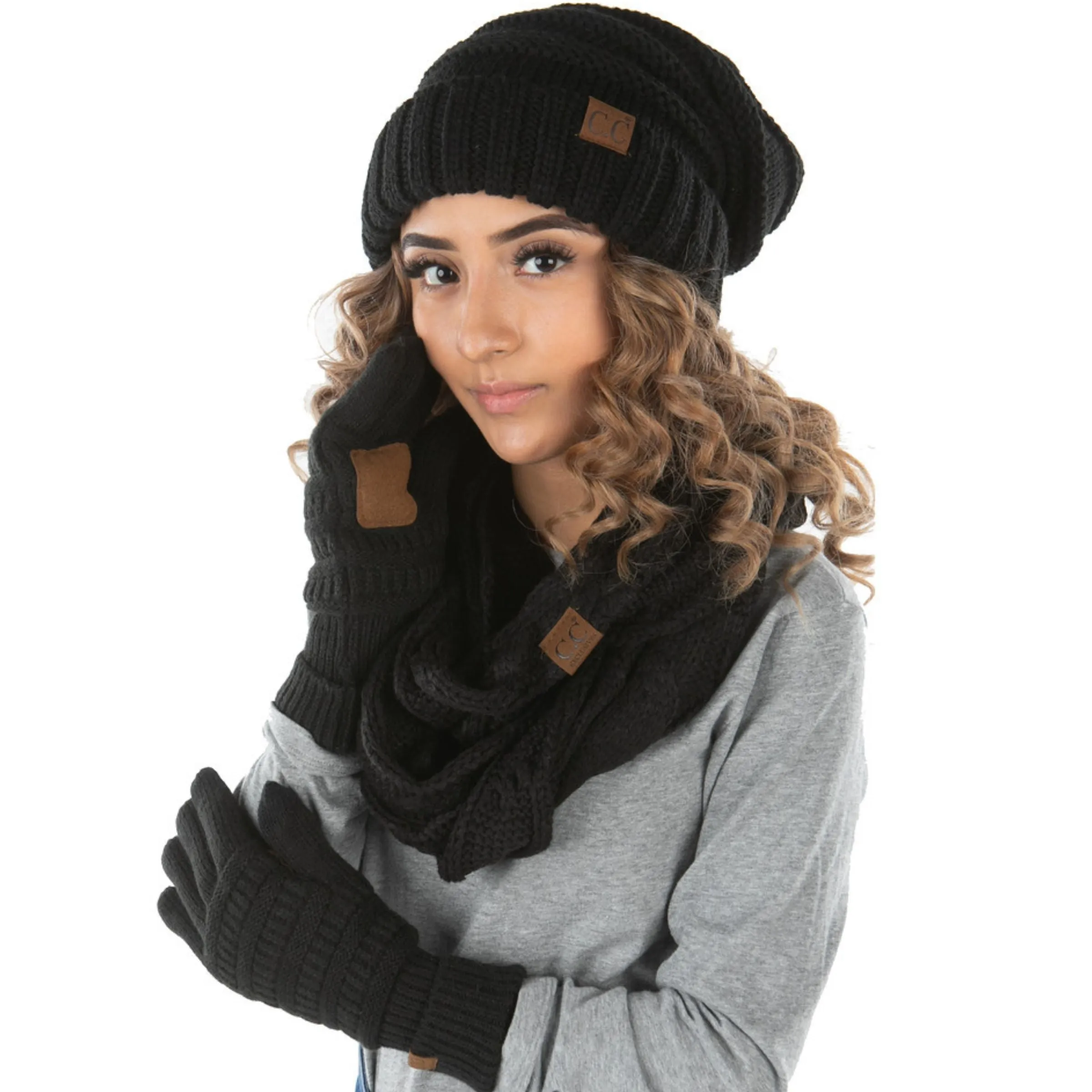 Matching 3 Pack: Oversized Beanie, Infinity Scarf & Gloves Set