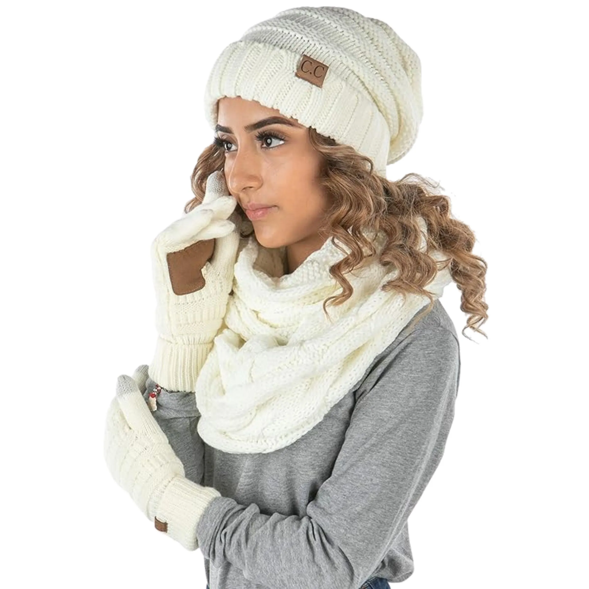 Matching 3 Pack: Oversized Beanie, Infinity Scarf & Gloves Set