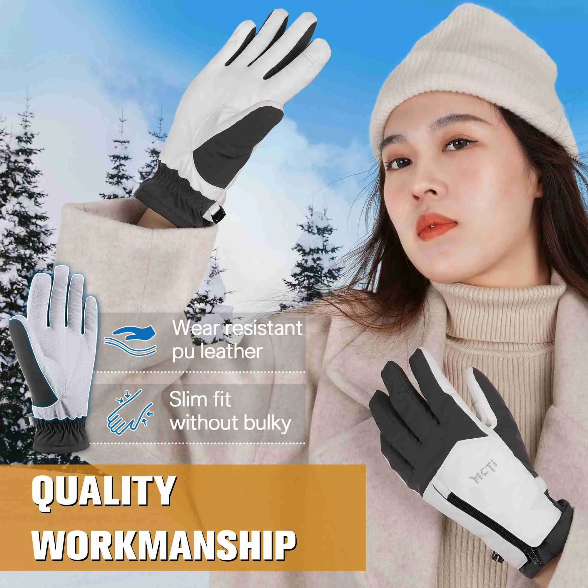 MCTi Winter Gloves Waterproof Warm for Cold Weather Touchscreen Zipper Gloves for Men Women