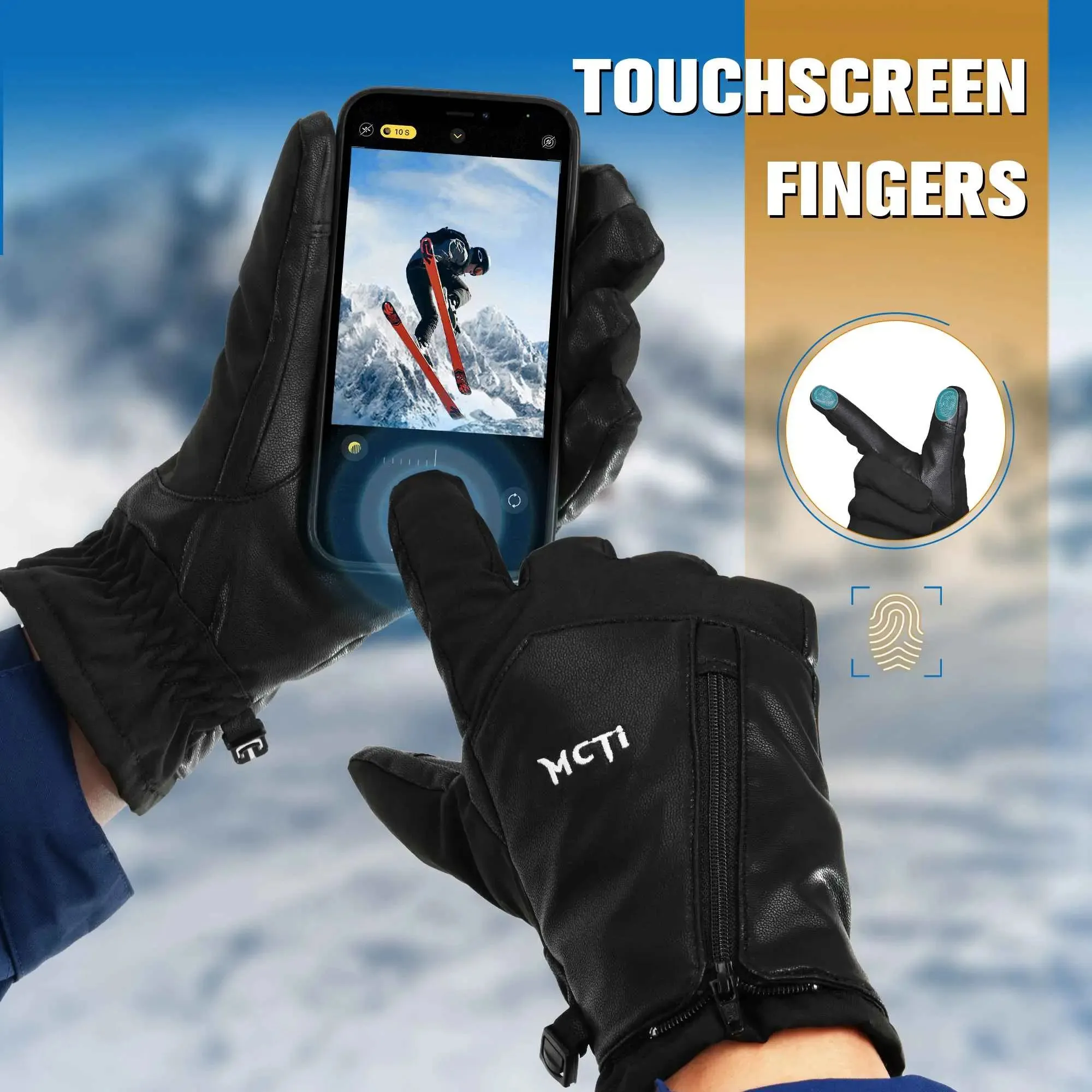 MCTi Winter Gloves Waterproof Warm for Cold Weather Touchscreen Zipper Gloves for Men Women
