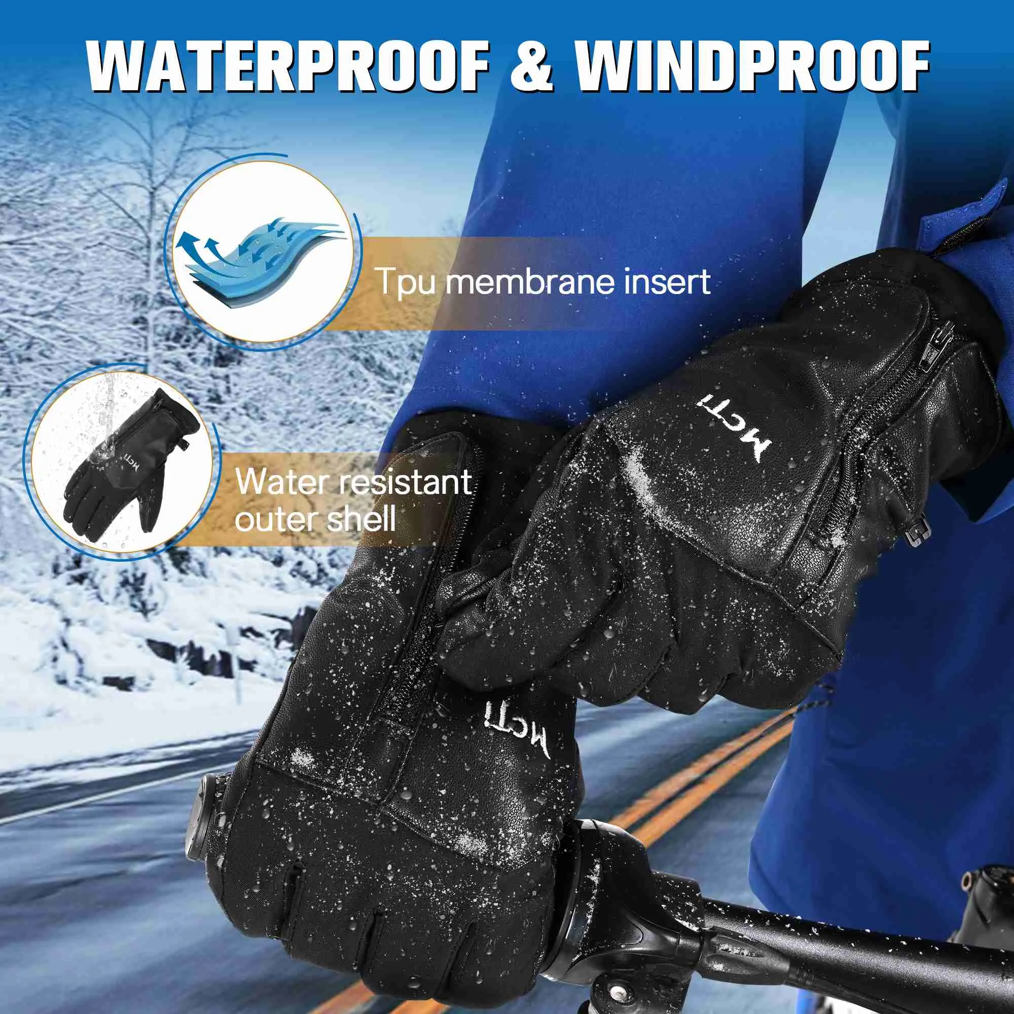 MCTi Winter Gloves Waterproof Warm for Cold Weather Touchscreen Zipper Gloves for Men Women