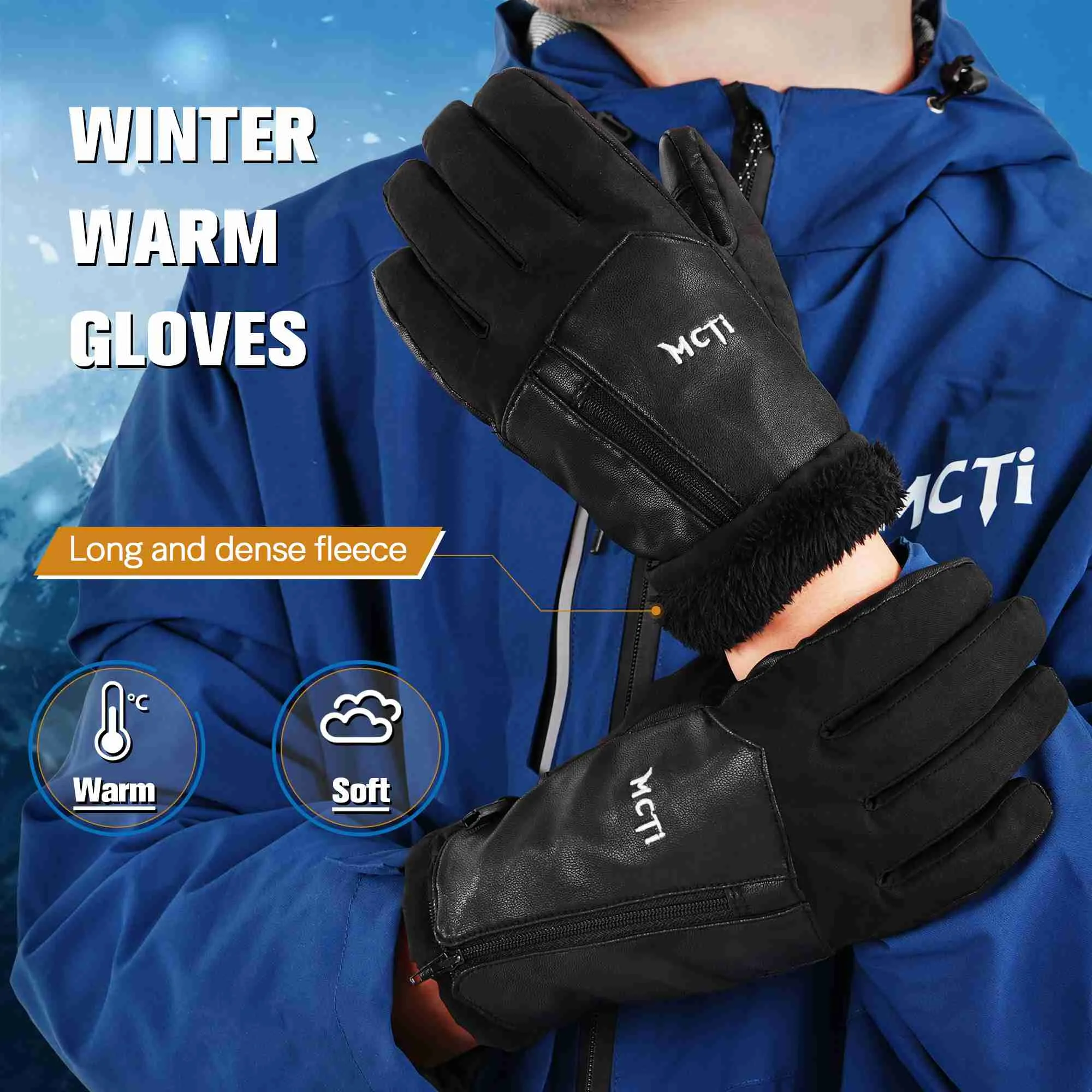 MCTi Winter Gloves Waterproof Warm for Cold Weather Touchscreen Zipper Gloves for Men Women