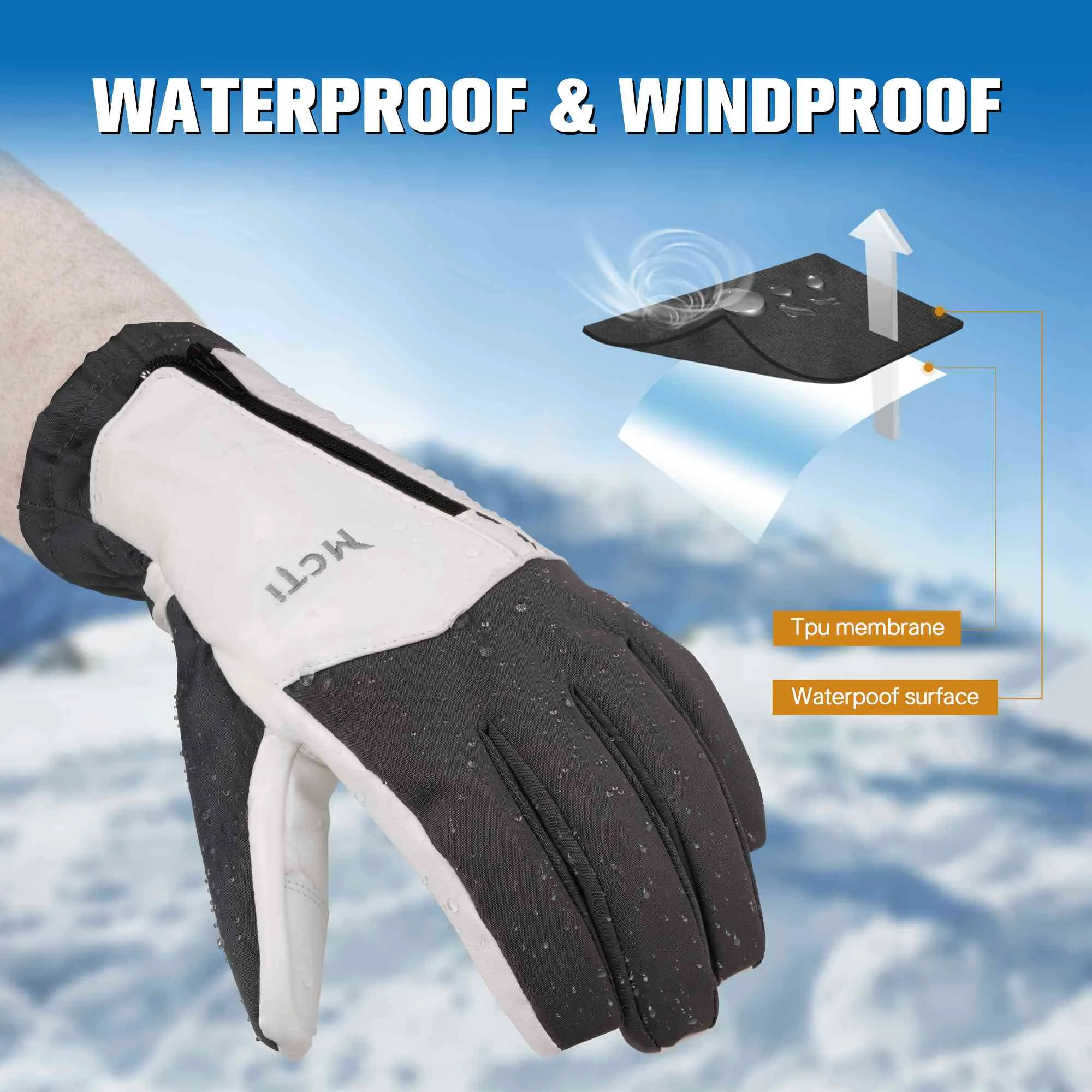 MCTi Winter Gloves Waterproof Warm for Cold Weather Touchscreen Zipper Gloves for Men Women
