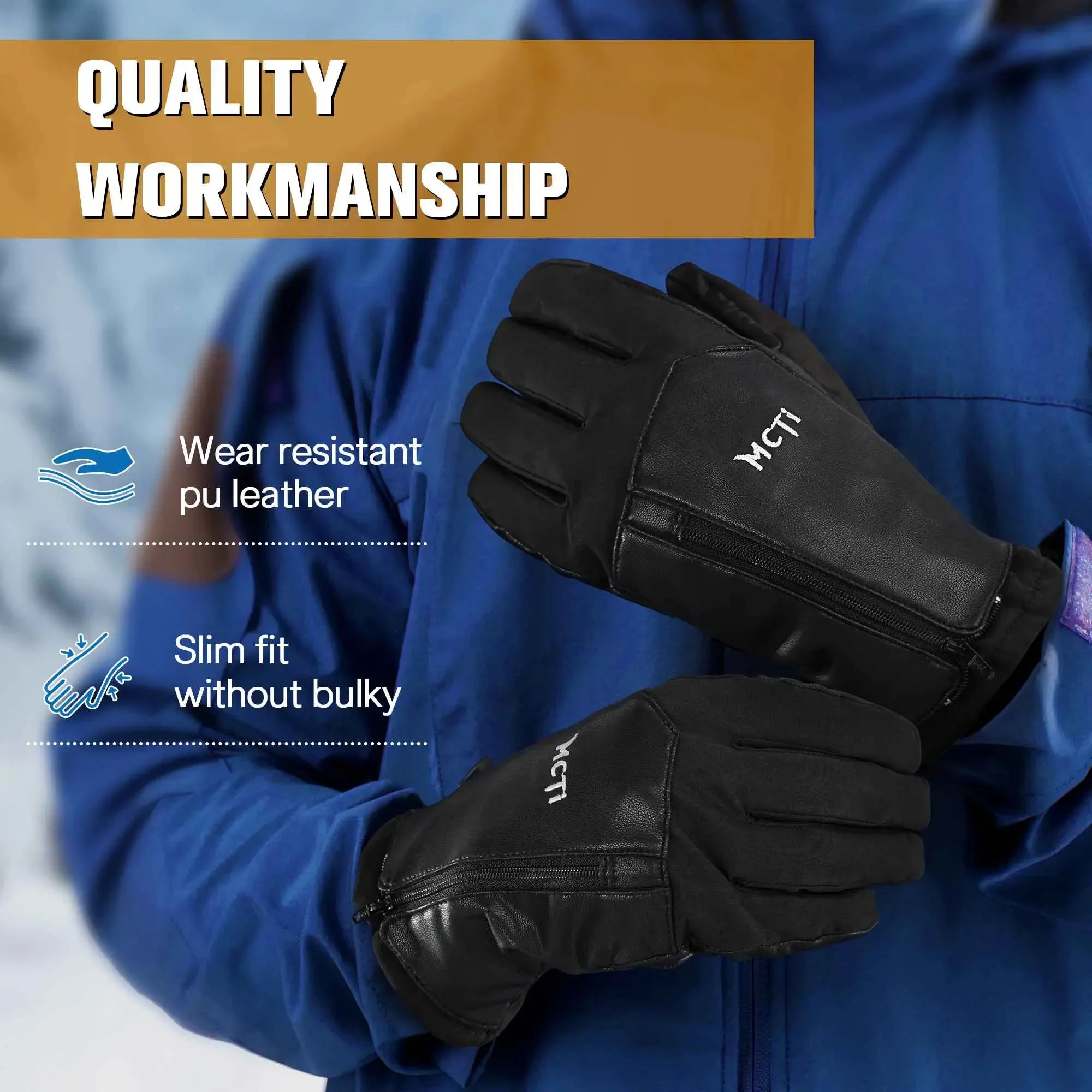 MCTi Winter Gloves Waterproof Warm for Cold Weather Touchscreen Zipper Gloves for Men Women